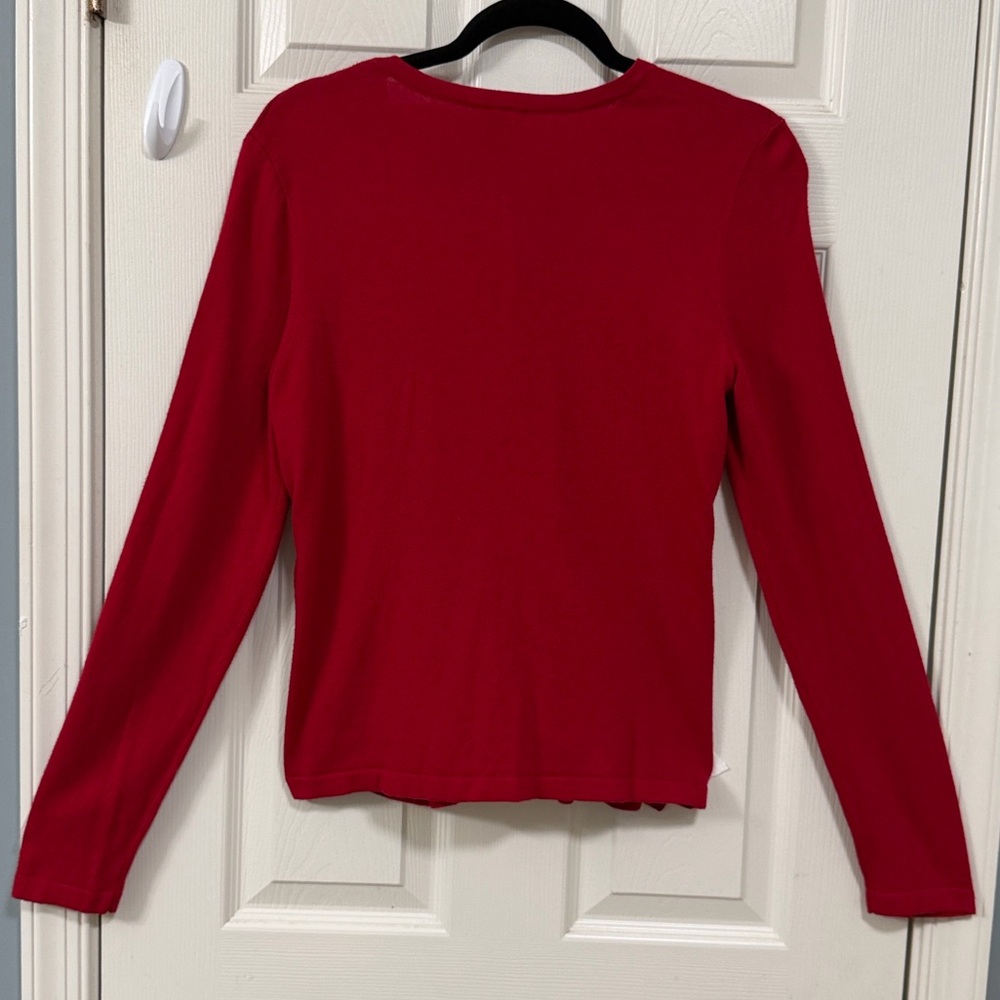Ann Taylor Red Ruffled Button Down Sweater Holiday Cocktail Party Office - Picture 12 of 15